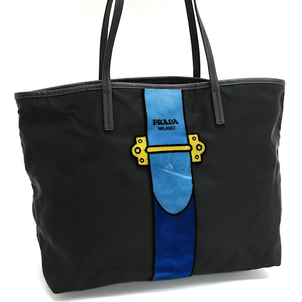 Prada Cahier Shoulder Tote Bag TESSUTO RICAMO Nero Black Azzurro Blue